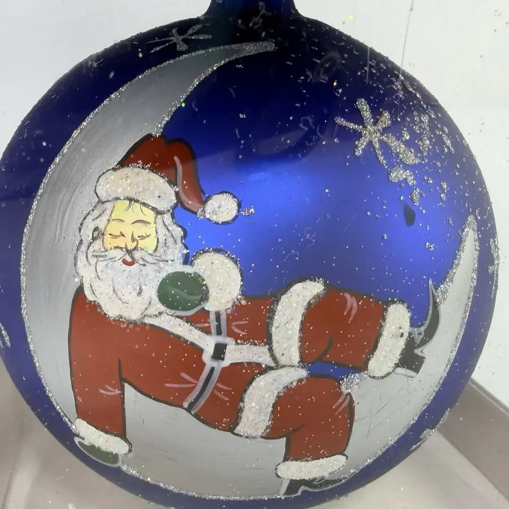 Pier 1 Imports Sleeping Santa on Cresent Moon Glass Christmas Ornament 4.75
